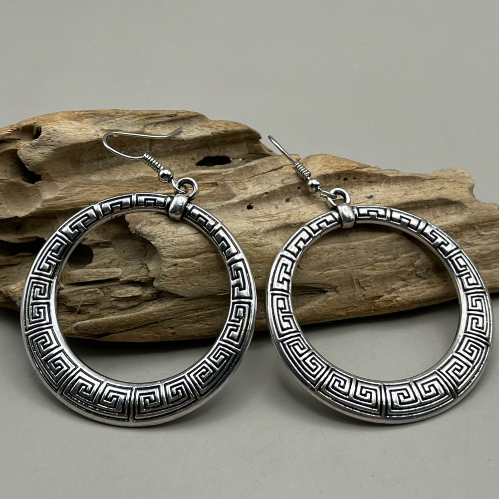 Silver Greek Key Hoop Earrings